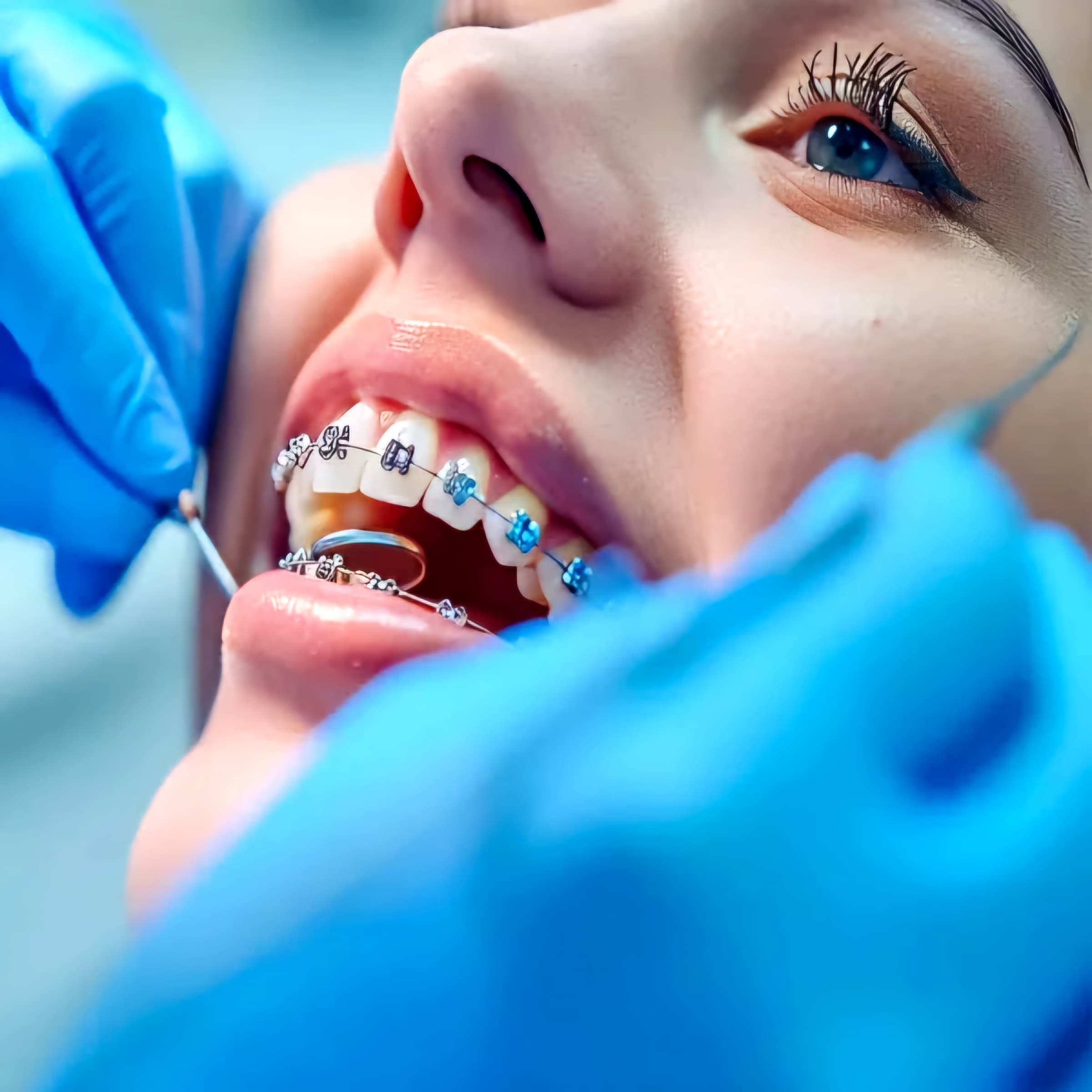 Orthodontist adjusting braces brackets on a patient's teeth